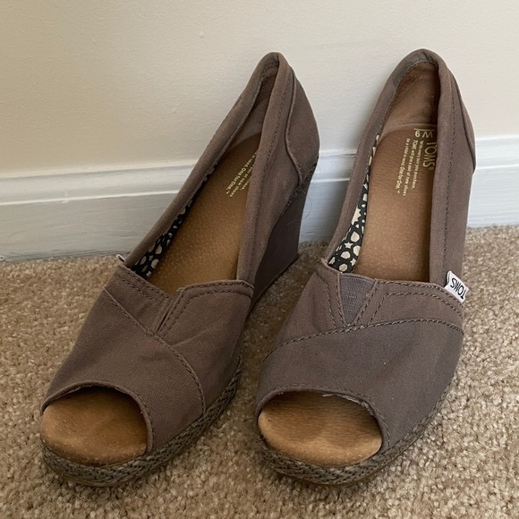 TOMS Canvas Peep-Toe Wedges - Picture 2 of 5
